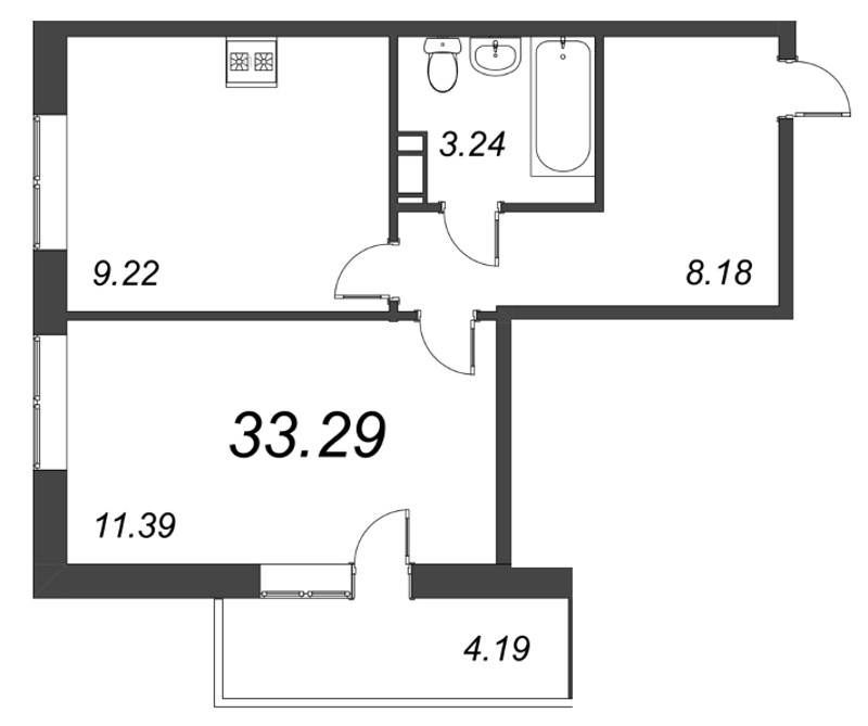 1-комнатная квартира, 33.29 м² - планировка, фото №1