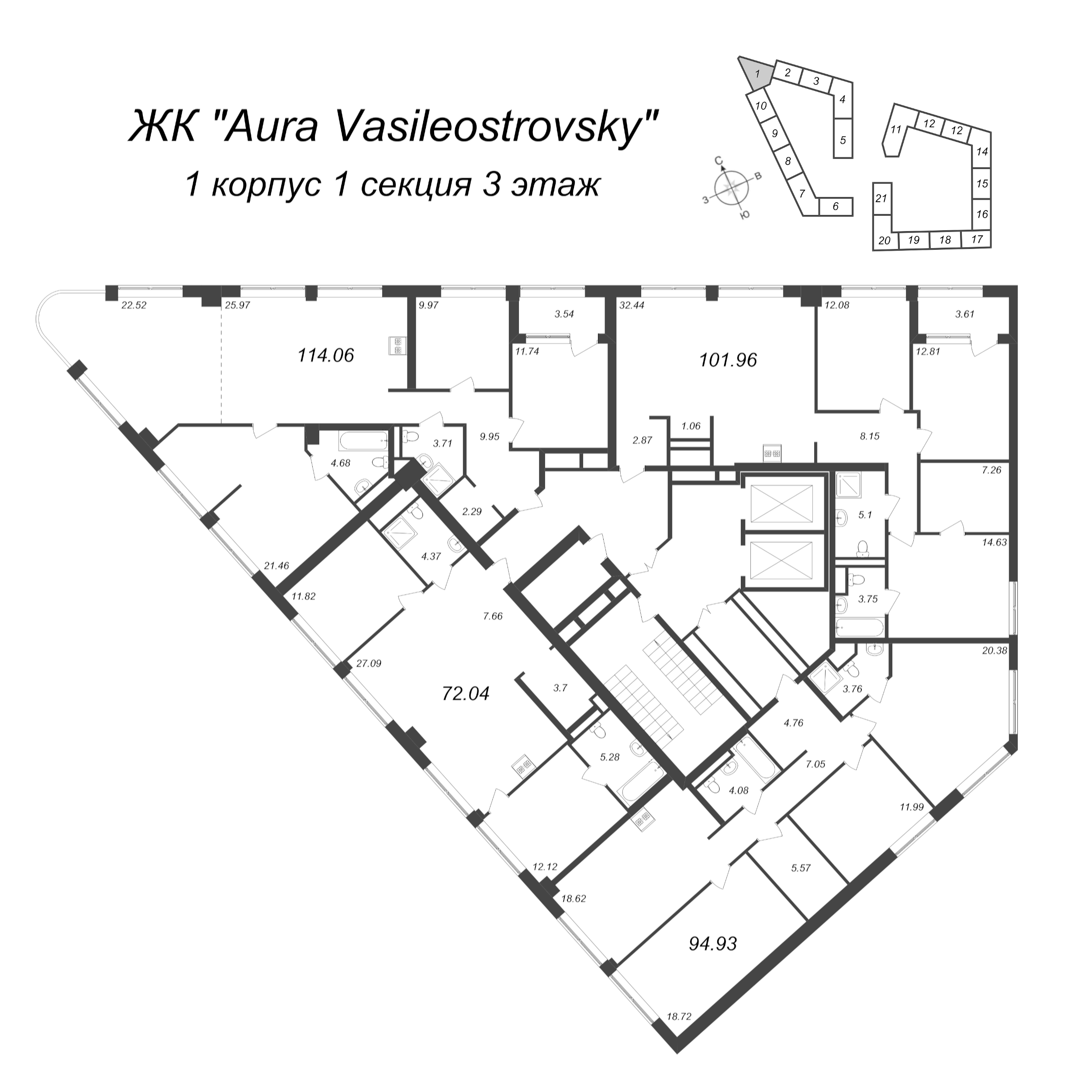 4-комнатная (Евро) квартира, 101.96 м² в ЖК "GloraX Premium Василеостровский" - планировка этажа