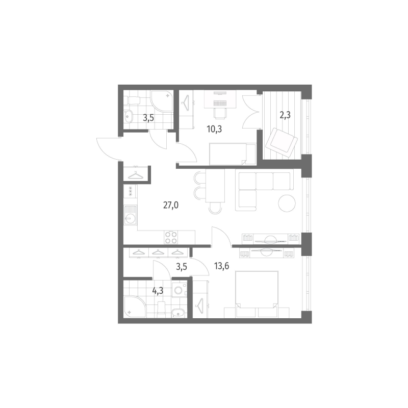 3-комнатная (Евро) квартира, 64.3 м² в ЖК "NewПитер 2.0" - планировка, фото №1