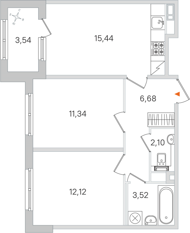 3-комнатная (Евро) квартира, 51.2 м² в ЖК "Дубровский" - планировка, фото №1