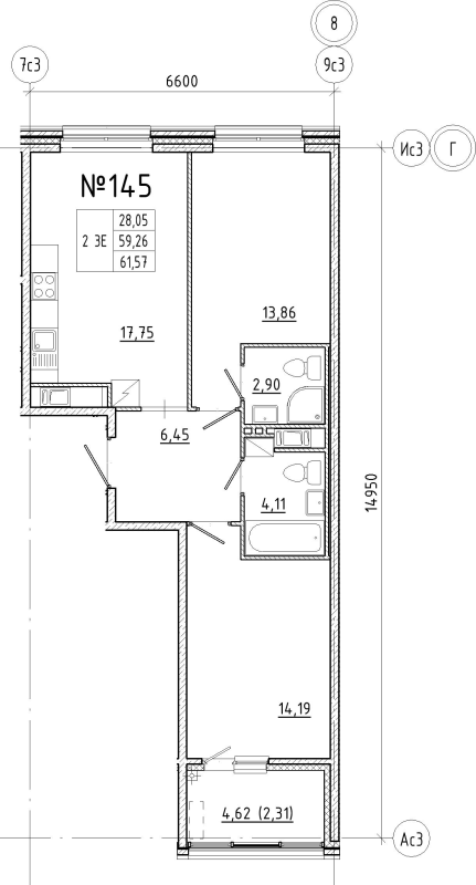 3-комнатная (Евро) квартира, 61.57 м² - планировка, фото №1