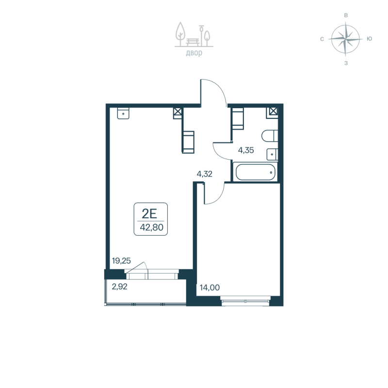 2-комнатная (Евро) квартира, 42.8 м² в ЖК "Расцветай в Янино" - планировка, фото №1
