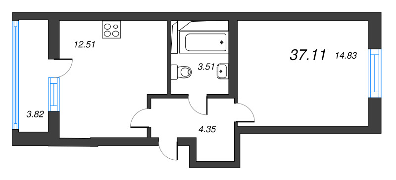 1-комнатная квартира, 37.11 м² в ЖК "Лето" - планировка, фото №1