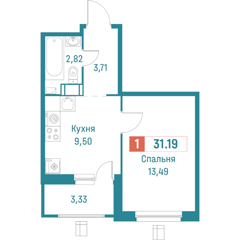 1-комнатная квартира, 31.19 м² в ЖК "Графика" - планировка, фото №1