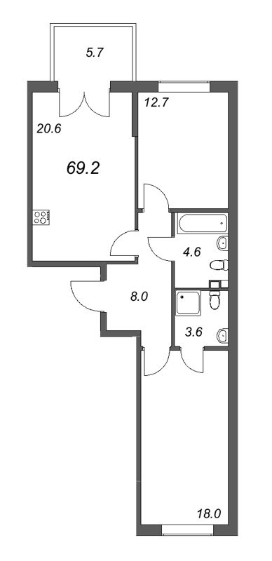 3-комнатная (Евро) квартира, 69.2 м² - планировка, фото №1