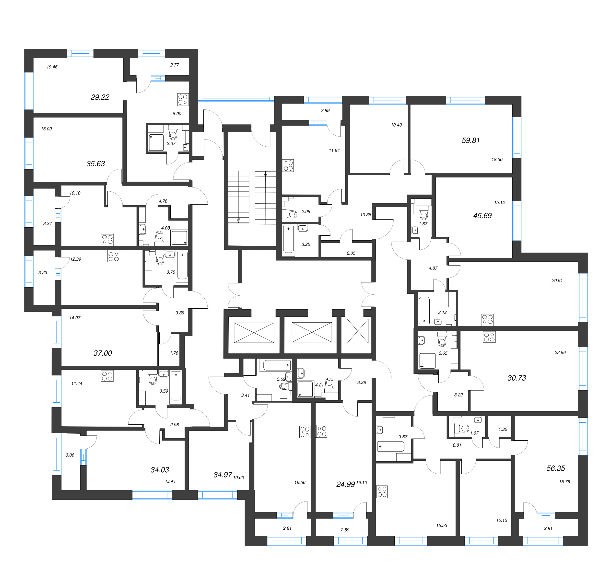 2-комнатная (Евро) квартира, 34.97 м² - планировка этажа
