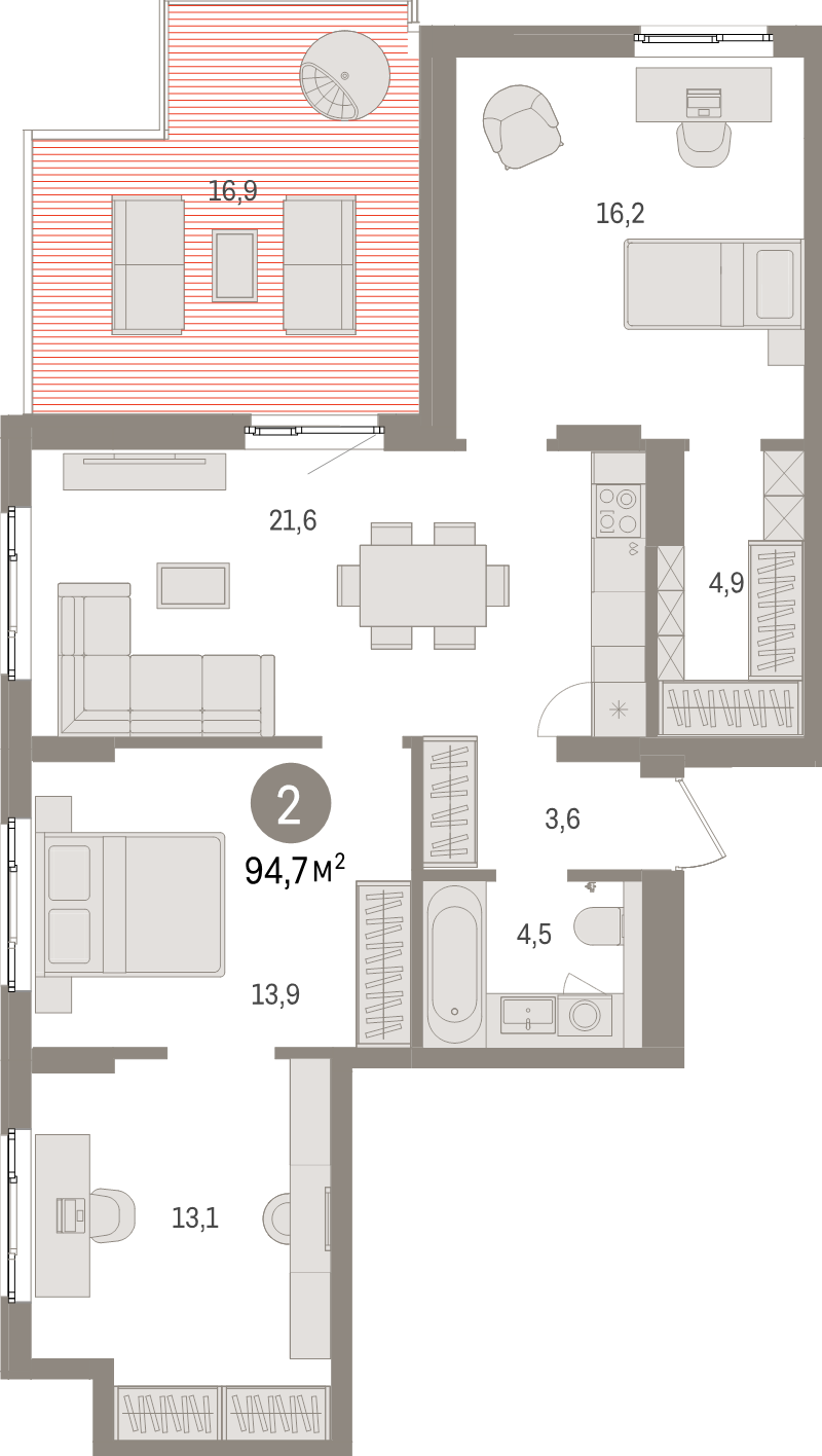 4-комнатная (Евро) квартира, 94.7 м² в ЖК "Брусника в Новоселье" - планировка, фото №1
