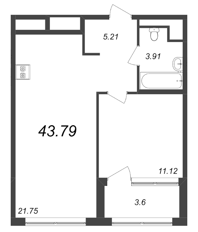 2-комнатная (Евро) квартира, 43.79 м² - планировка, фото №1