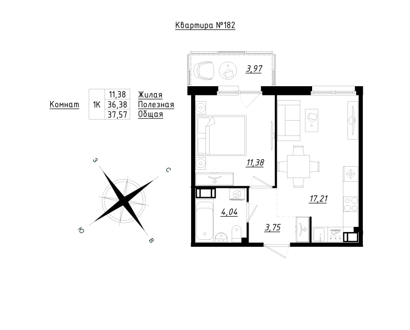 2-комнатная (Евро) квартира, 37.57 м² в ЖК "Счастье 2.0" - планировка, фото №1