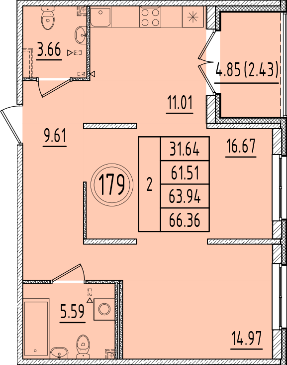 2-комнатная квартира, 61.51 м² в ЖК "Образцовый квартал 6.4" - планировка, фото №1
