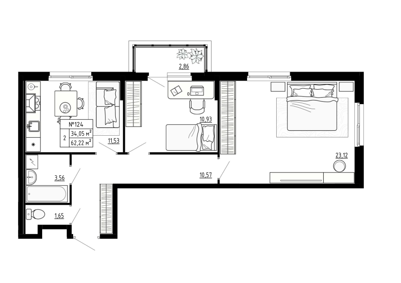 2-комнатная квартира, 62.22 м² - планировка, фото №1