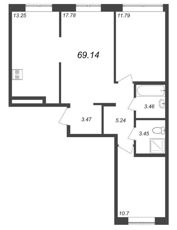 3-комнатная квартира, 69.14 м² - планировка, фото №1