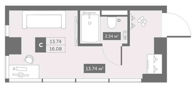 Квартира-студия, 16.08 м² в ЖК "Zoom Черная речка" - планировка, фото №1