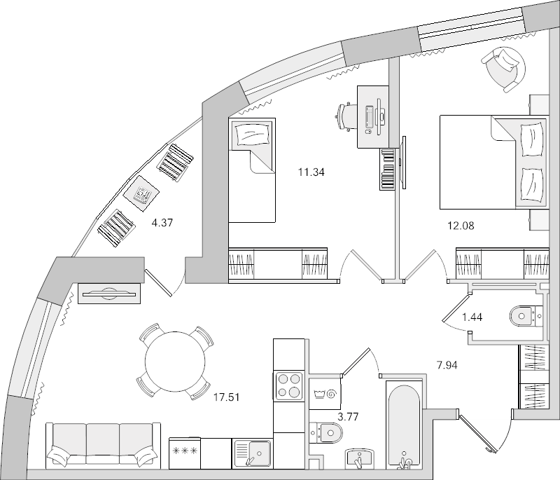 3-комнатная (Евро) квартира, 58.45 м² - планировка, фото №1