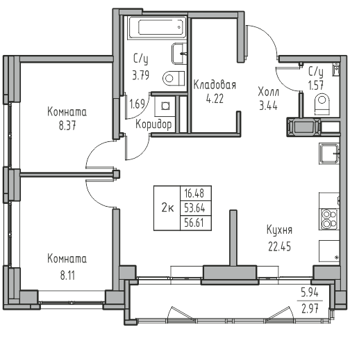 3-комнатная (Евро) квартира, 56.61 м² в ЖК "Юнтолово" - планировка, фото №1