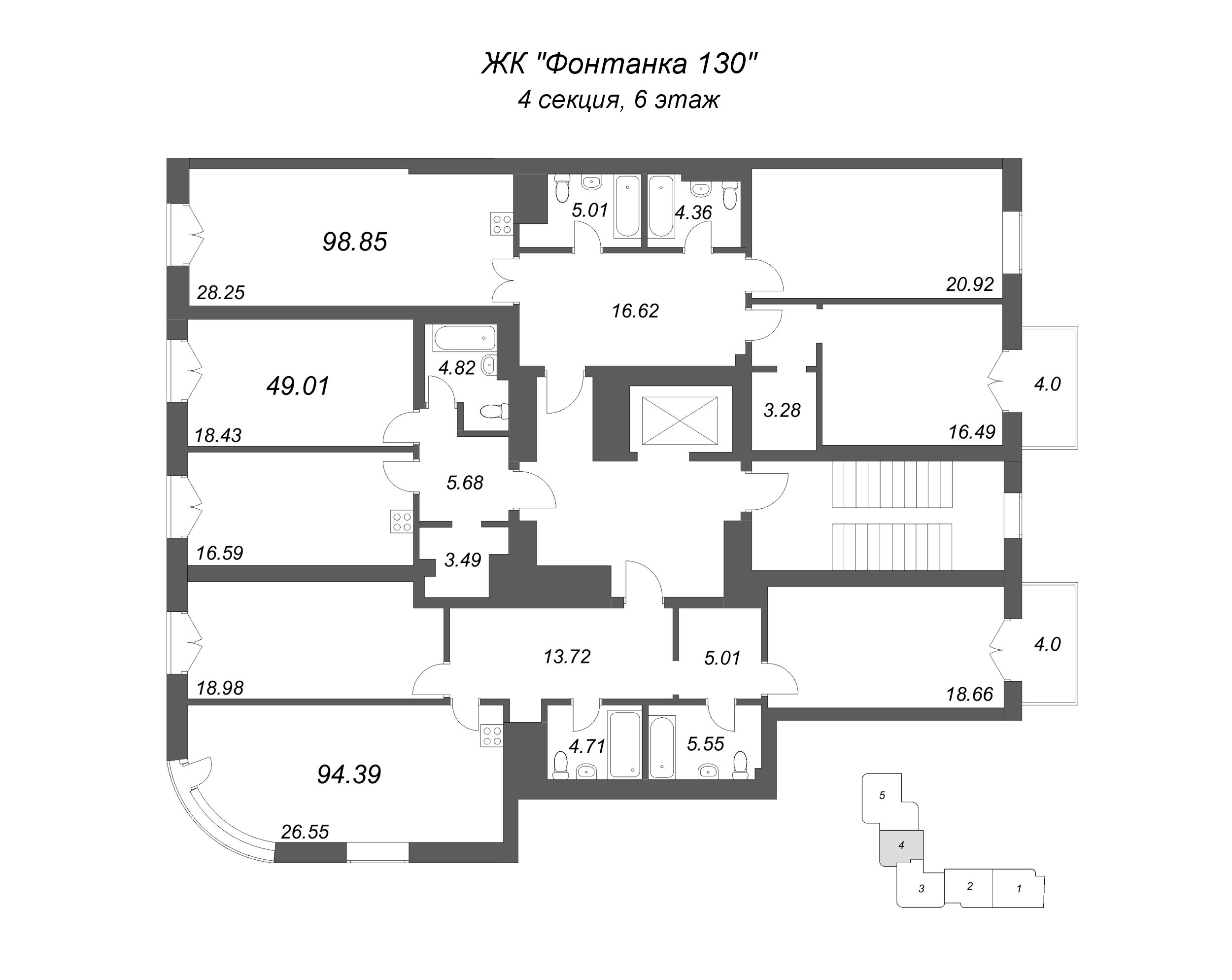 2-комнатная (Евро) квартира, 49.01 м² в ЖК "Фонтанка 130" - планировка этажа