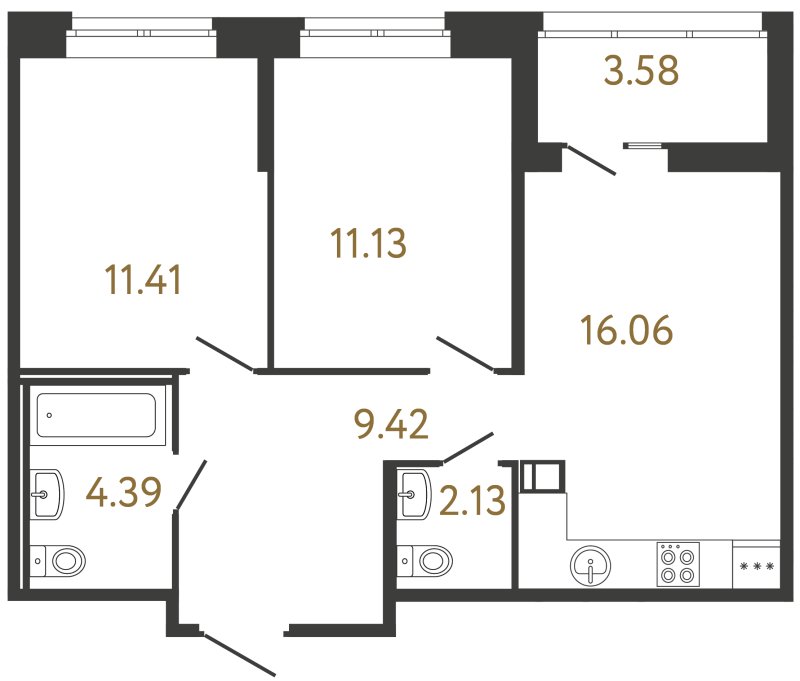 3-комнатная (Евро) квартира, 54.54 м² в ЖК "Ultra City 3.0" - планировка, фото №1