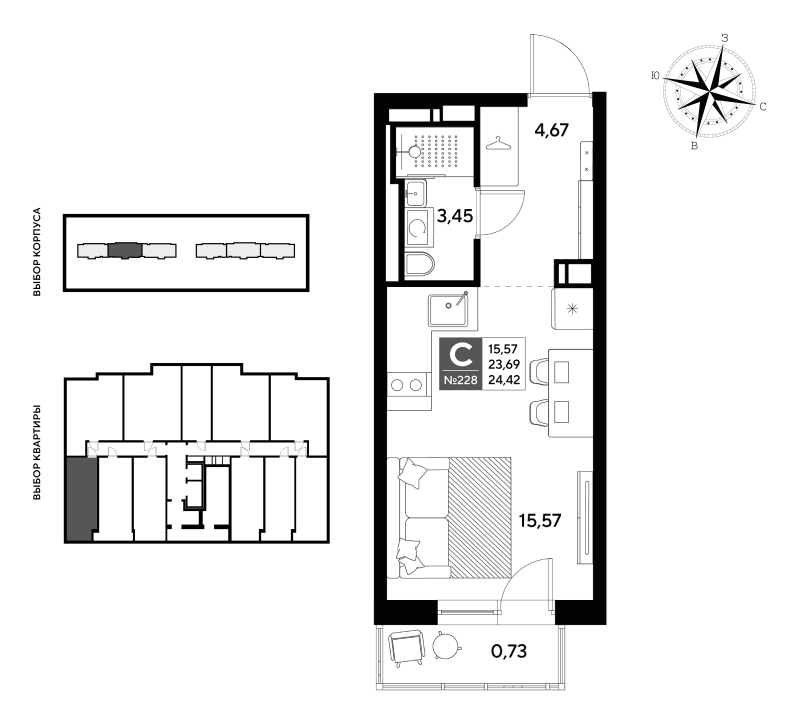 Квартира-студия, 24.42 м² в ЖК "Догма Юкки" - планировка, фото №1