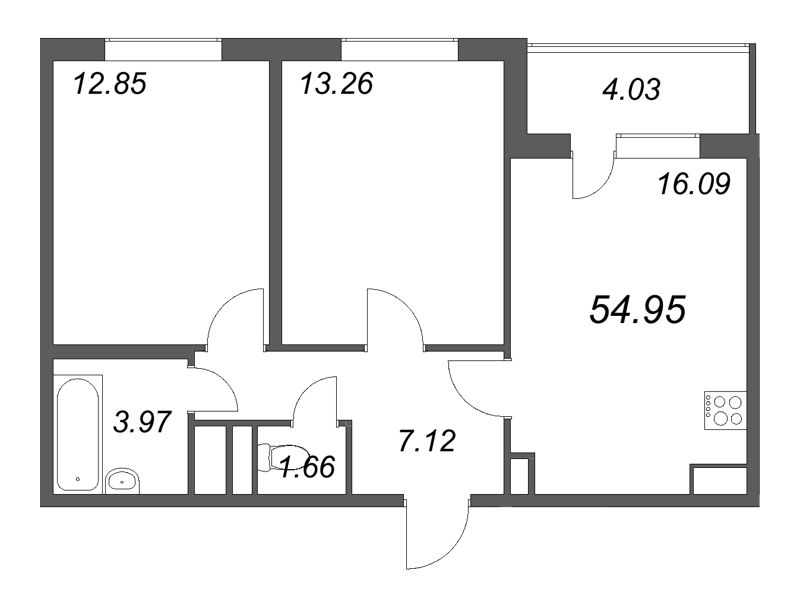 3-комнатная (Евро) квартира, 54.95 м² - планировка, фото №1