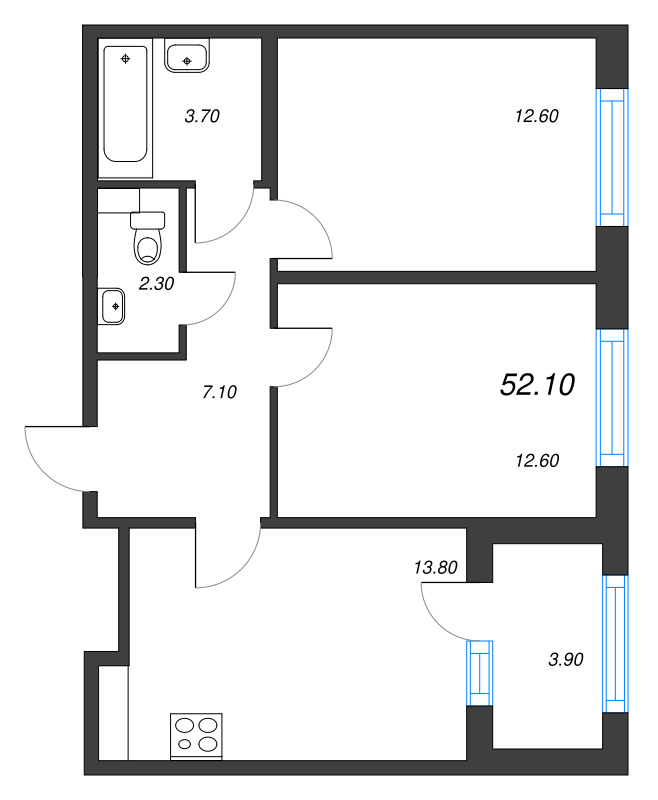 2-комнатная квартира, 52.1 м² в ЖК "Дубровский" - планировка, фото №1