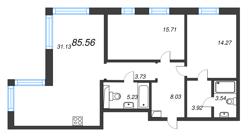 3-комнатная (Евро) квартира, 85.8 м² - планировка, фото №1