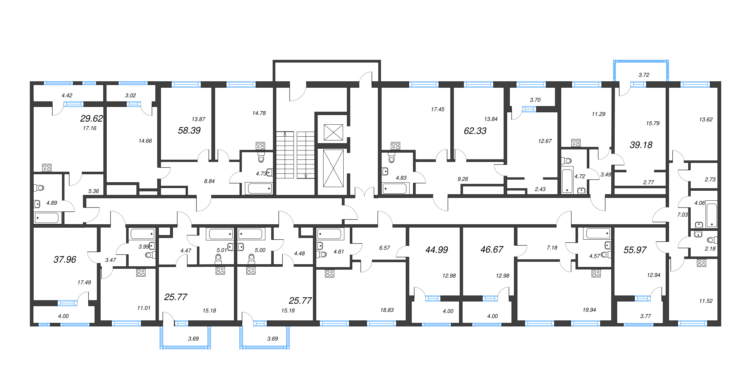 2-комнатная (Евро) квартира, 44.99 м² - планировка этажа