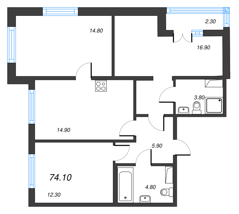 3-комнатная квартира, 74.1 м² в ЖК "Парусная 1" - планировка, фото №1