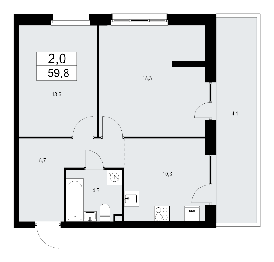2-комнатная квартира, 59.8 м² в ЖК "А101 Лаголово" - планировка, фото №1