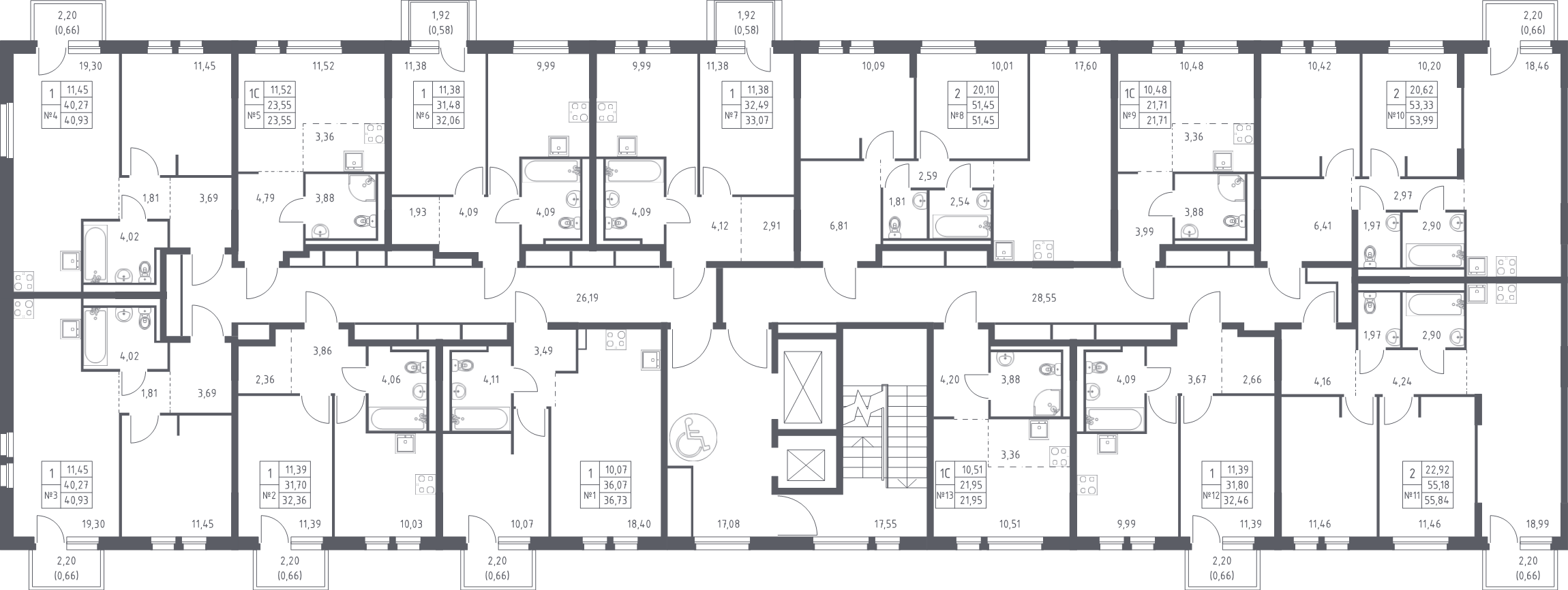 3-комнатная (Евро) квартира, 51.45 м² - планировка этажа