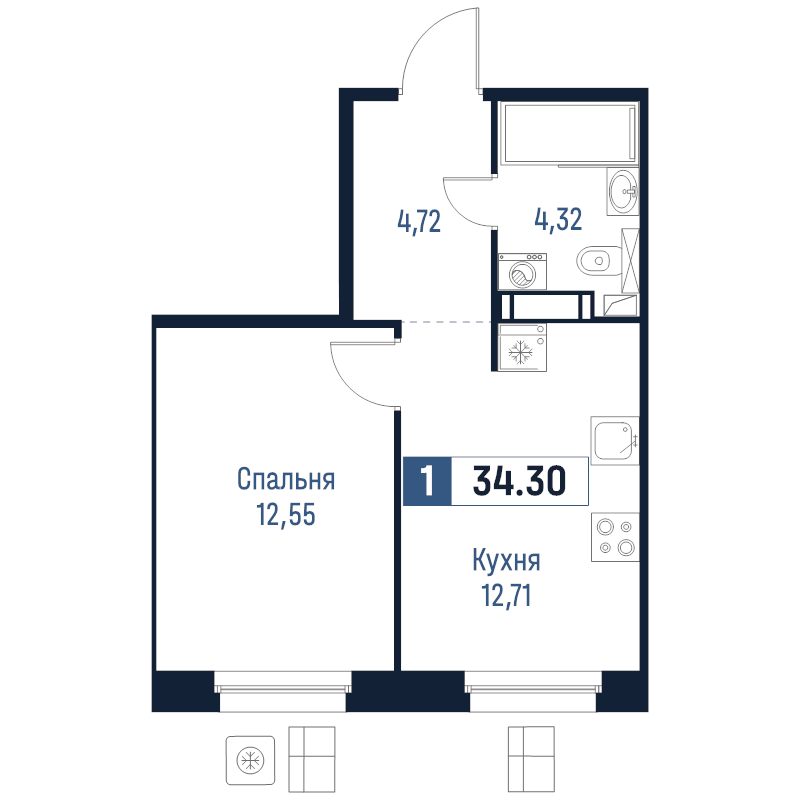 1-комнатная квартира, 34.3 м² в ЖК "Максималист" - планировка, фото №1