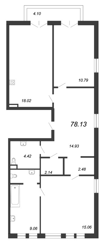 3-комнатная (Евро) квартира, 78.13 м² в ЖК "Ariosto" - планировка, фото №1