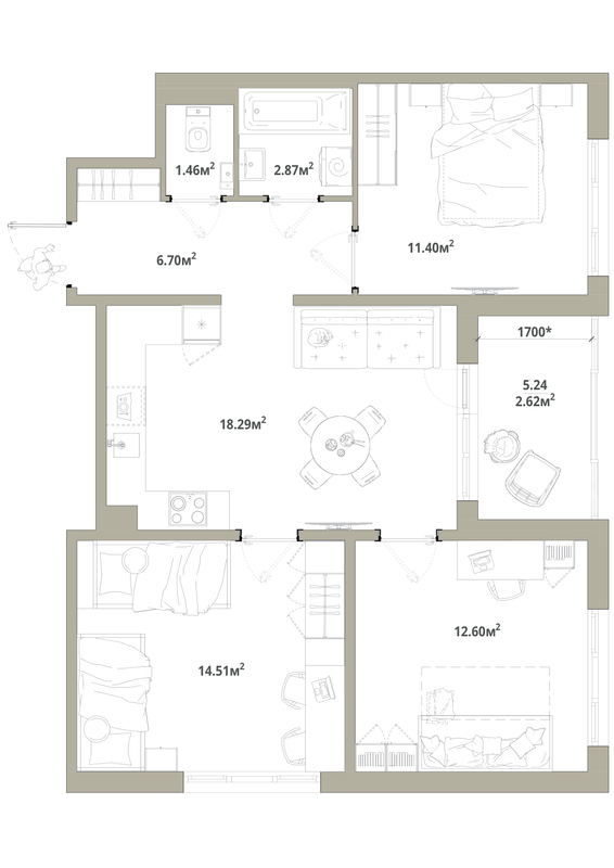 4-комнатная (Евро) квартира, 70.45 м² в ЖК "Тишин" - планировка, фото №1