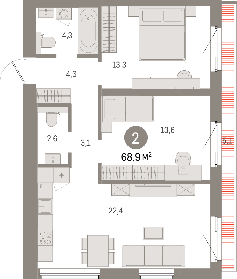 3-комнатная (Евро) квартира, 68.9 м² в ЖК "Северный ветер" - планировка, фото №1