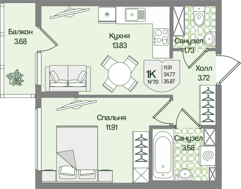 1-комнатная квартира, 35.87 м² в ЖК "Охтинские высоты" - планировка, фото №1