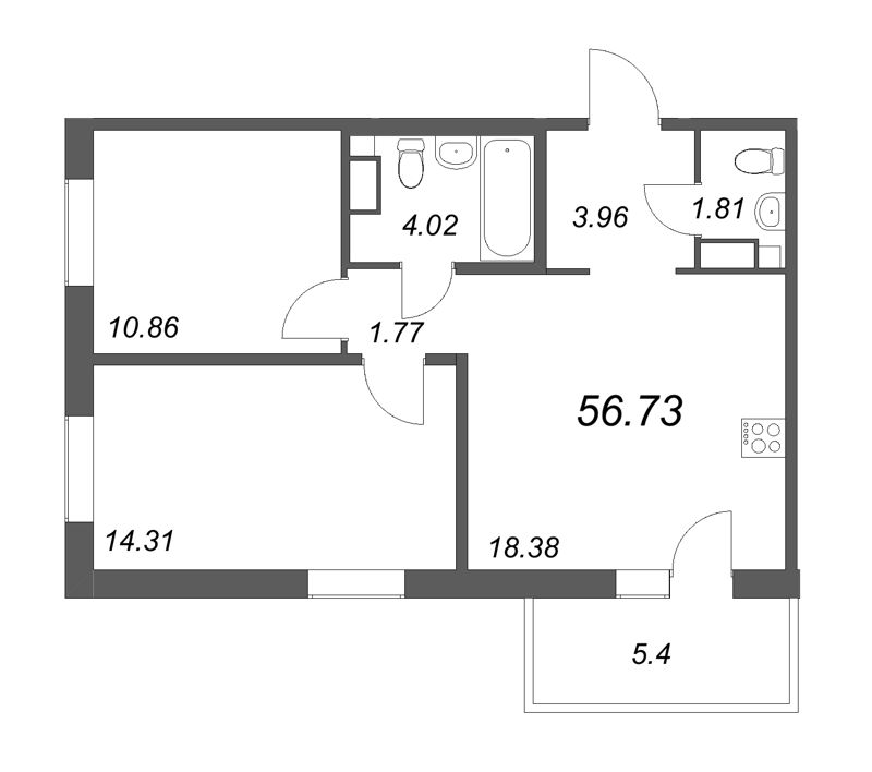 3-комнатная (Евро) квартира, 55.11 м² в ЖК "IQ Гатчина" - планировка, фото №1