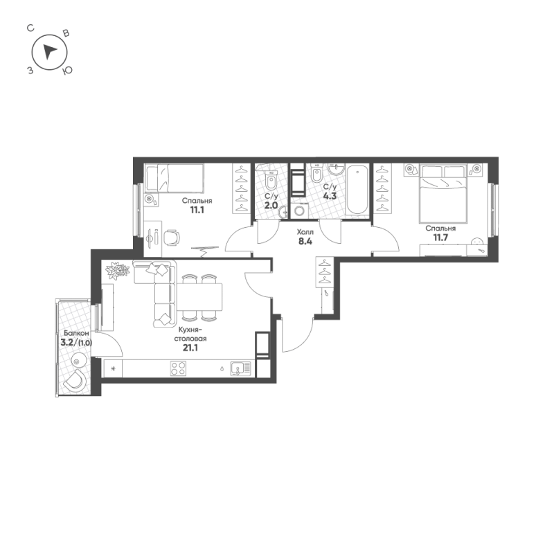 3-комнатная (Евро) квартира, 59.6 м² - планировка, фото №1