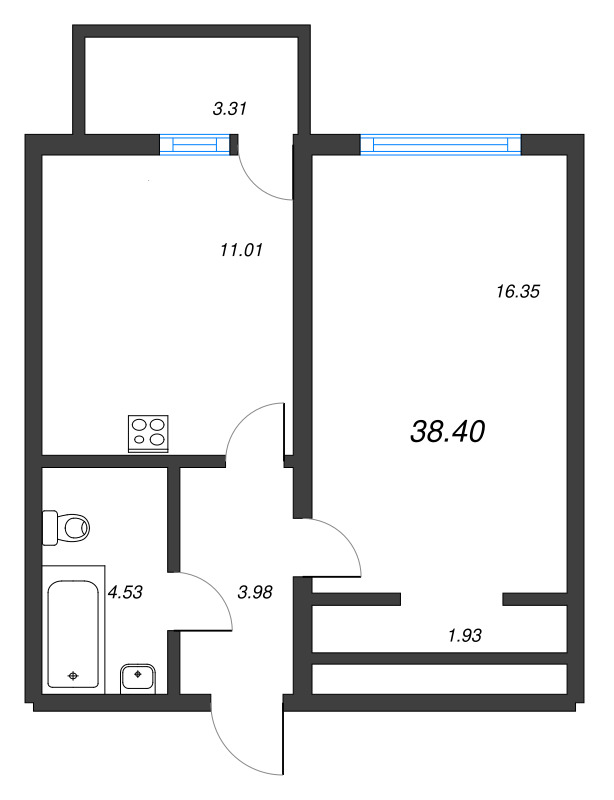 1-комнатная квартира, 38.1 м² - планировка, фото №1