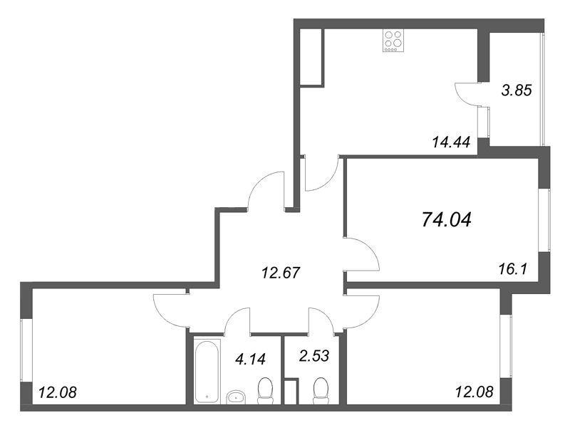 3-комнатная квартира, 74.04 м² - планировка, фото №1