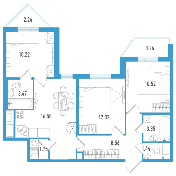 4-комнатная (Евро) квартира, 70.21 м² в ЖК "Мурино Клаб" - планировка, фото №1