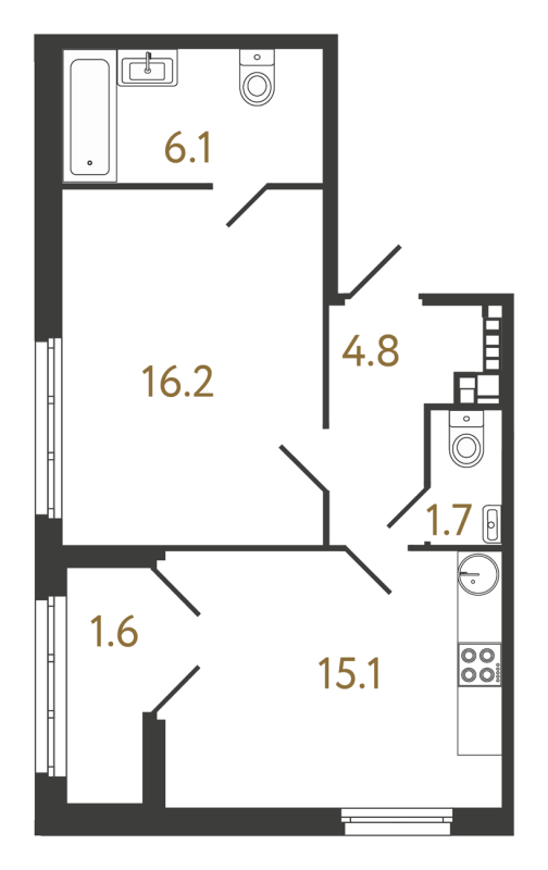 2-комнатная (Евро) квартира, 43.5 м² в ЖК "МИРЪ" - планировка, фото №1