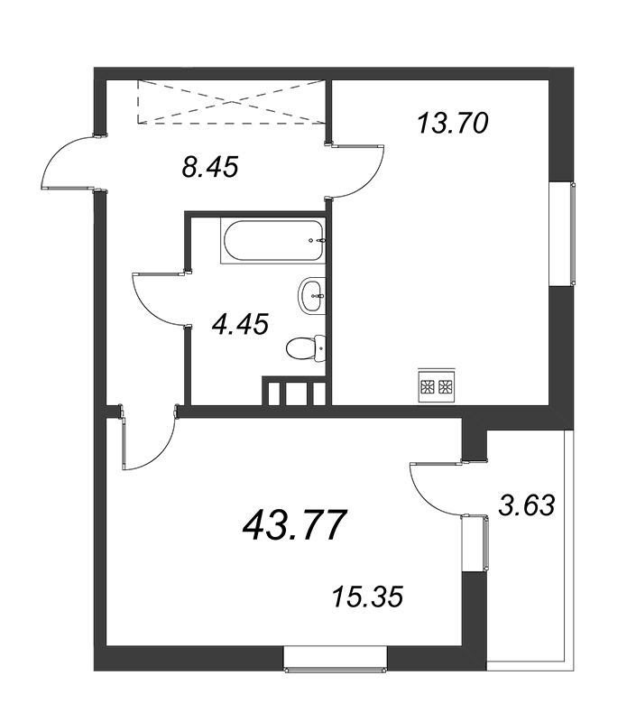1-комнатная квартира, 45.58 м² в ЖК "IQ Гатчина" - планировка, фото №1