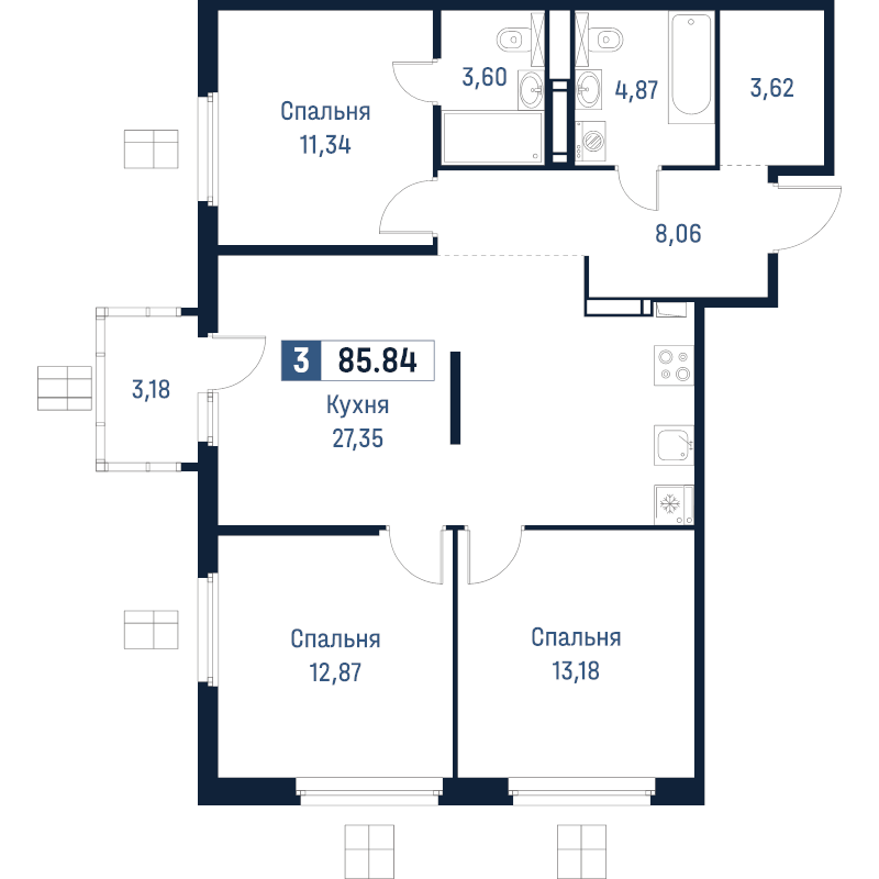 4-комнатная (Евро) квартира, 85.84 м² в ЖК "Максималист" - планировка, фото №1