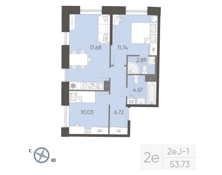 3-комнатная (Евро) квартира, 53.73 м² в ЖК "Бульвар Грина" - планировка, фото №1