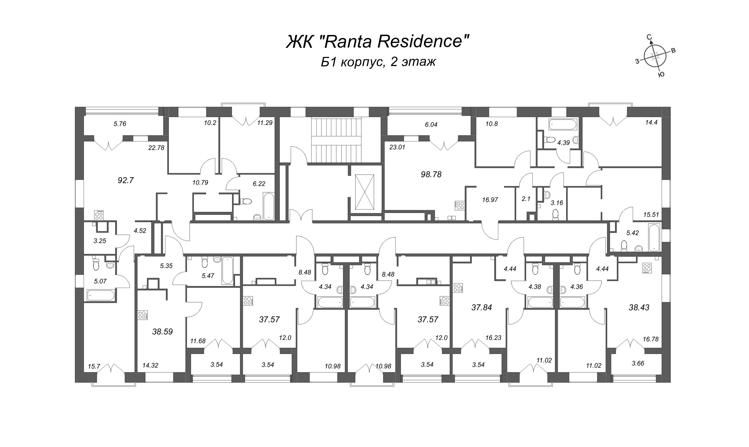 2-комнатная (Евро) квартира, 37.84 м² - планировка этажа