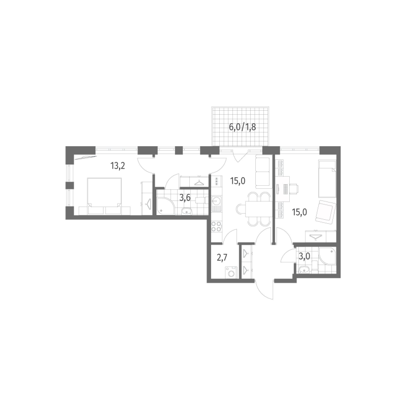 2-комнатная квартира, 64.2 м² - планировка, фото №1