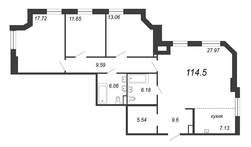 4-комнатная (Евро) квартира, 114.5 м² - планировка, фото №1