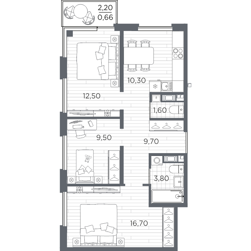 3-комнатная квартира, 64.76 м² в ЖК "PLUS Пулковский" - планировка, фото №1