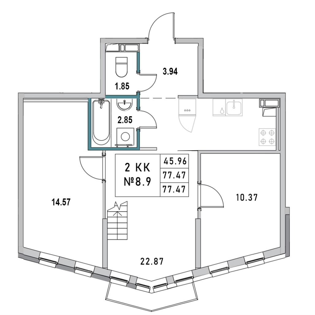 3-комнатная (Евро) квартира, 77.47 м² в ЖК "Новый Город" - планировка, фото №1