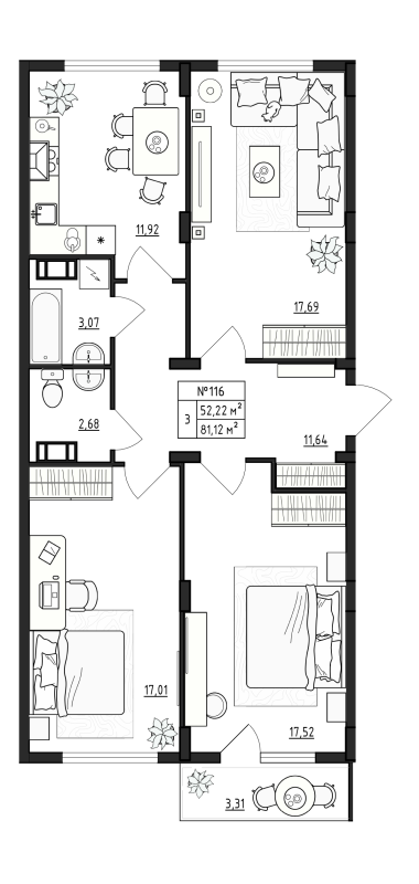 3-комнатная квартира, 81.12 м² - планировка, фото №1