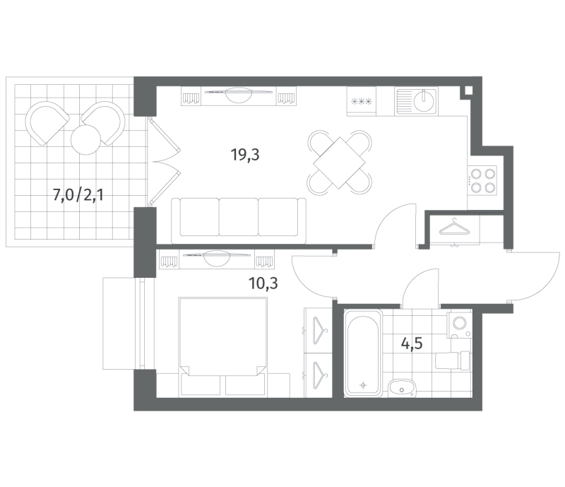 2-комнатная (Евро) квартира, 40.8 м² в ЖК "Парусная 1" - планировка, фото №1